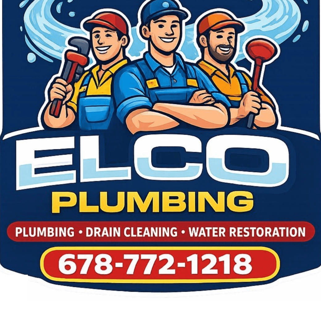 ELCO Plumbing badge with plumbers, water graphics, services, and phone number